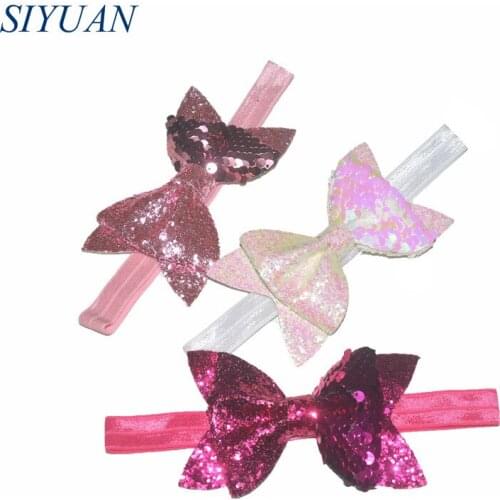 10pcs/lot 4*2.4 inch Reversible Sequin Leather Bow Headband Kids Photography Props 18 Colors in Stock HB043