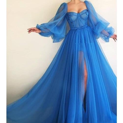 2021 Sweetheart Long Sleeves Tulle Prom Dresses Sexy Split Long Formal Sexy Special Occasion Party Gowns Pleated Evening Party
