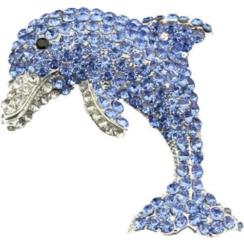 100pcs/ 76mm Silver Tone Cute Dolphin Fish Blue Clear Rhinestone Crystal Brooches Ocean Animal Pin Brooch