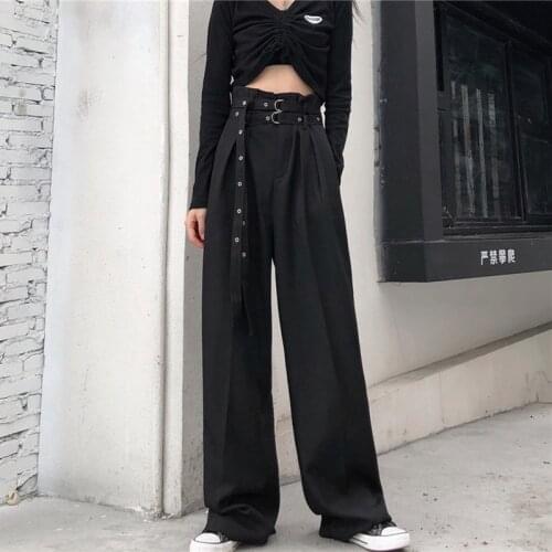 Pants womens summer korean retro black casual pants high waist loose straight leg pants suit trousers trousers Pockets