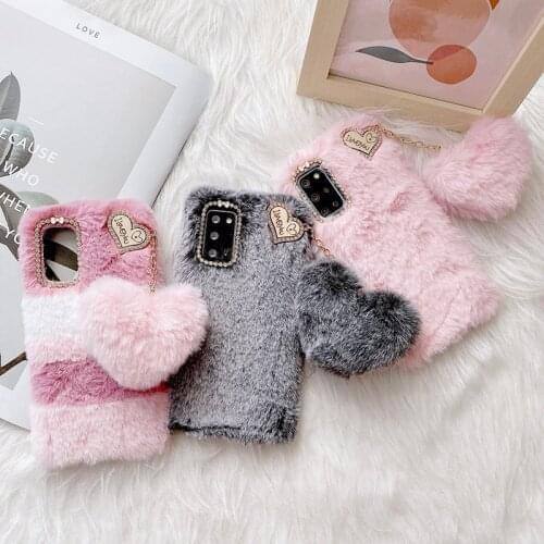 Love Heart Pendant Rabbit Furry Case For Samsung S21 Note 20 Ultra 10 + 9 8 S20 FE S10 S9 S8 Plus A71 A51Hair Plush Phone Cover