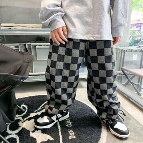 8828 Children Pants Small Pickup Sand Washed Vintage Boys' Casual Pants 2021 Autumn Plaid Hip Hop Childrens Jeans Girls Pant