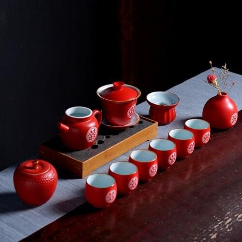 Ceramic red tea set Chinese wedding double happiness tea pot cup tureen botttle gift box teaware teapot teacup covered bowl