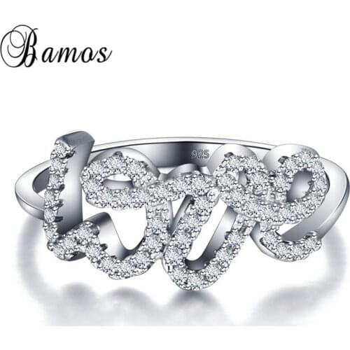Bamos Unique Letter Love Ring Dainty Cubic Zirconia Engagement Rings For Women Luxury White Gold Filled Wedding Jewelry