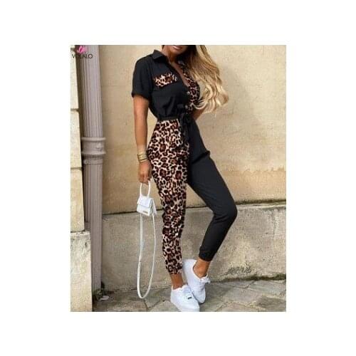 Leopard Print Splicing Short Sleeve Jumpsuit Overalls for Women