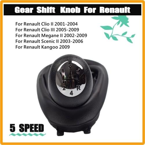 For Renault Clio 2 II Clio 3 III Megane 2 II Scenic 2 II Kangoo 5 Speed Gear Shift Knob Chrome Lever Shifter Boot Leather