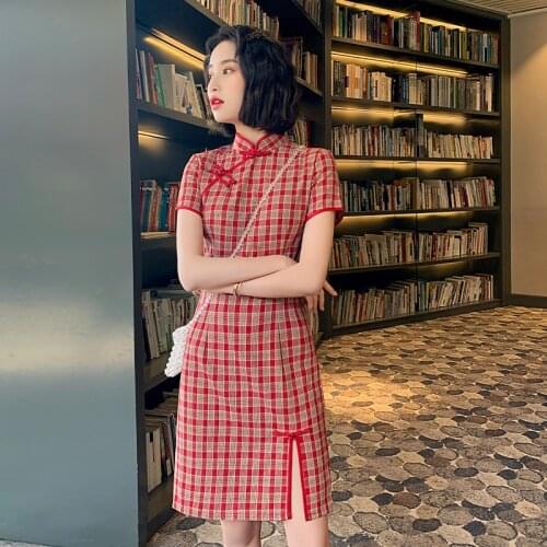 Summer Stripe Vintage Patterns Cotton Qipao Plaid Dress Cheongsam Qipao Chinese Dress Modern 2021 Improved Cheongsam Retro Dress
