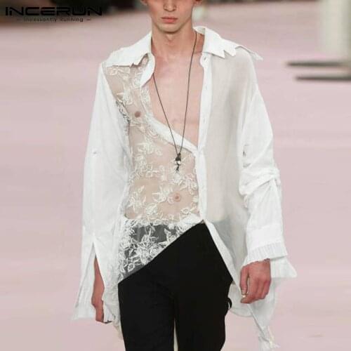 INCERUN Men Shirt Mesh Patchwork See Through Streetwear Lapel Long Sleeve Long Style Tops 2021 Party Nightclub Sexy Camisa S-5XL