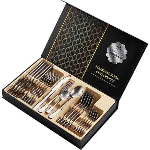 24 Pc Stainless Steel Cutlery Set Kitchen Tableware Complete Set Fork Spoon Knife Set with Box