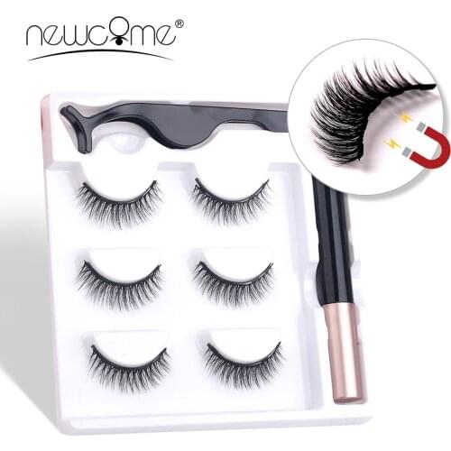 NEWCOME 3 Pairs Magnetic Eyelashes Eyeliner Eyelash Curler Magnet Natural Long Magnetic False Eyelashes With Magnetic Eyeliner