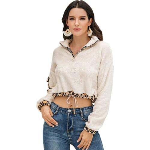 2020 Autumn And Winter Plush Sweatshirt Womens Stitching Leopard Print Drawstring Short Hoodie Sudadera Mujer Wn