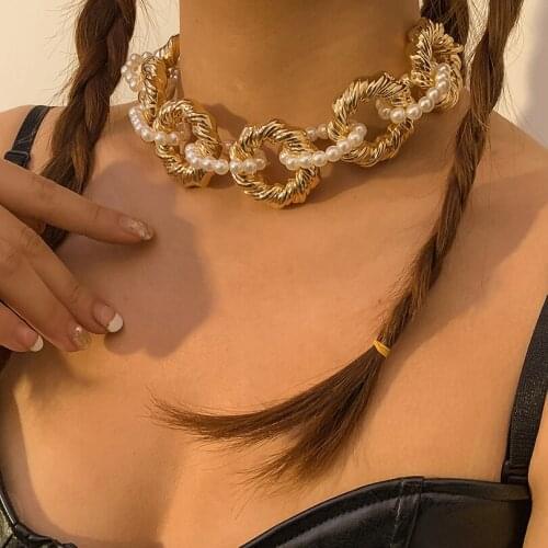 Imitation Pearl Punk Hip Hop Exaggerated Rough Chain Necklace Women Pendant Aesthetic Fashion Female Retro Nation ожерелье