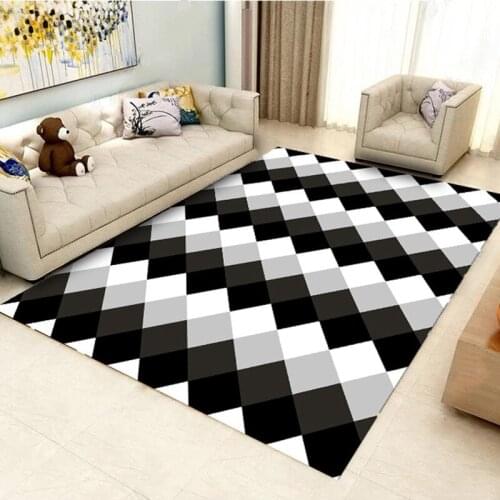 3D Geometric Home Living Room Carpet Flannel Anti-slip Kitchen Balcony Mat Area Rug Black and White Plaid Corridor Bedroom Rug