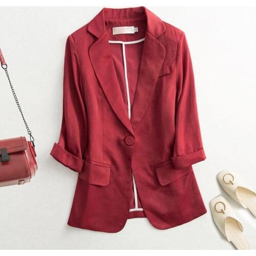 Acetate Satin Suit Jacket Womens Seven-quarter Sleeves 2020 Summer Casual Thin White Sunscreen Slim Blazer Short Coat K817