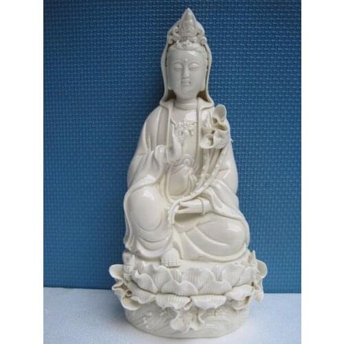 Elaborate Chinese Dehua Porcelain Kwan-yin Guanyin Sit on Lotus Base Merciful Auspicious Statue