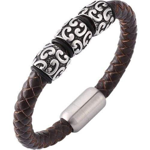 Simple Jewelry Vintage Brown Braided Leather Men Bracelet S.Steel Magnetic Buckle Rock Leather Bangle New PD0161