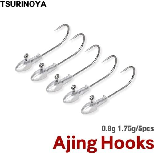 TSURINOYA 5Pcs/Lot Jig Head Fishing Hooks for AJING Soft Worm Lures Bait 0.8g 1.75g Rockfish Fishhooks for Saltwater Freshwater