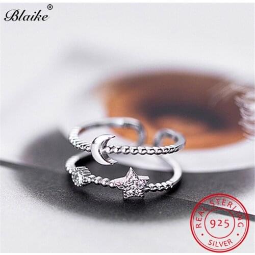 S925 Sterling Silver Star And Moon Rings For Women Open Resizable Ring Minimalist Wedding Bands Korean Engagement Ring Jewelry
