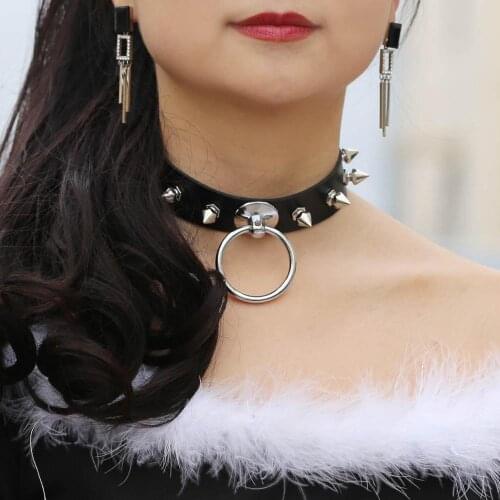 Sexy punk spiked Leather goth choker Necklace women Harajuku gothic metal black necklace Choker collar jewelry club party