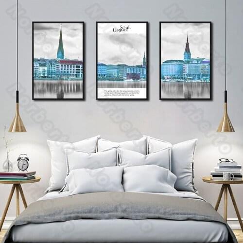 Modern City Canvas Painting Wall Poster Chinese Style Blue Buildings Along The River for Living Room Bedroom Wall Decoration
