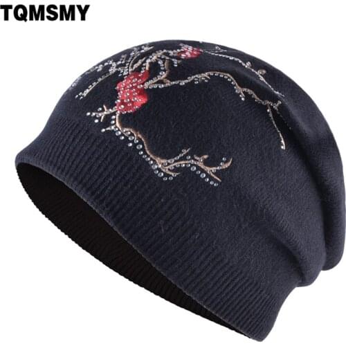 TQMSMY Rabbit hair fabric hats for women beanie knitted wool skullies plum blossom rhinestones cap girls winter hat casual gorro