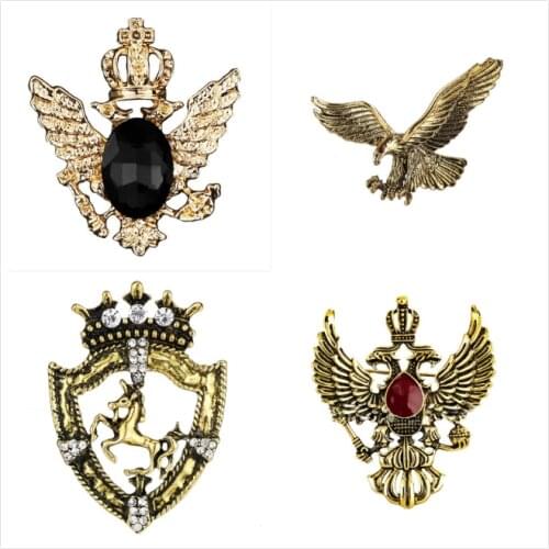 Vintage Crystal Rhinestone Small Animal Crown Brooches Eagle Snake Lion Horse Suit Lapel Pin Badge for Men Accessories Jewelry