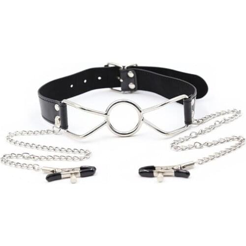 Nipple clamps couples erotic toys metal ring mouth gag leather BDSM bondage restraints slave fetish sex tools for women