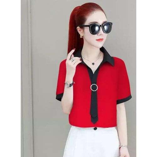 Womens Shirt Spring Fashion Woman Blouses Vintage Korean Office Short Sleeve Blouse Women Tops Red White Camisas Mujer DD2618