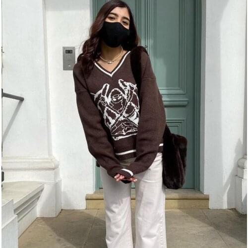 Women Autumn Sweaters Fashion Women Girls Monster Pattern Knitted Top Knitwear Casual Long Sleeve Loose Pullovers Sweaters