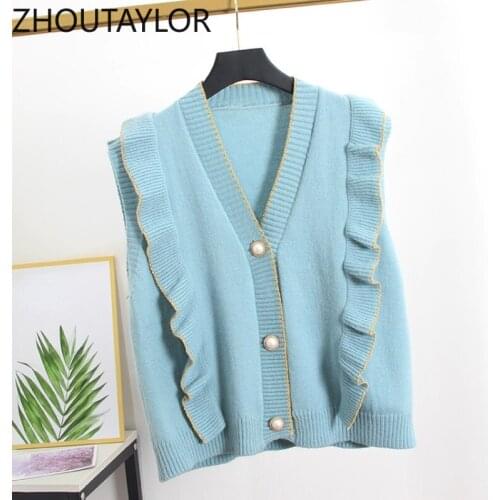 ZHOUTAYLOR Womens Vest Fashion Office Lady Solid Autumn New Camis Femme V-Neck Sweet Single Breasted Sleeveless Femme Tops S0560