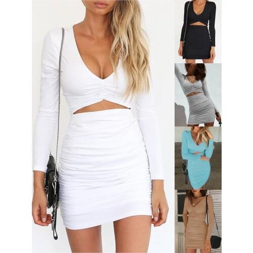 Wrap Lady Dress Solid Color Sexy Club Long Sleeve Evening Party V Neck Women Bodycon Office Ol Dress Hollow Out Work Wear Dress