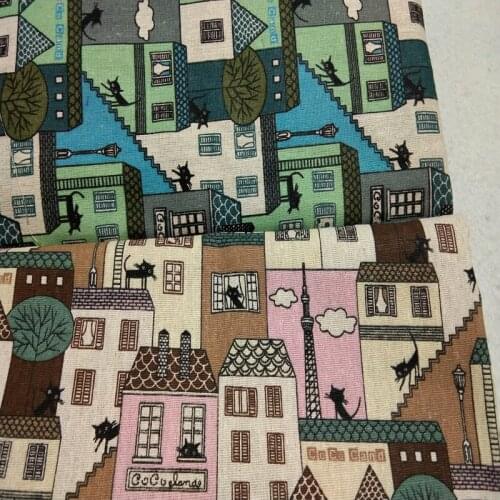 140cm width Vintage Brand Zaka Blue & Pink House Black Cat Printed Cotton Linen Fabric Curtain Bag