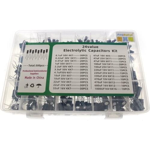 500 Values 24 Pcs / Lot 0.1 UF-1000 UF Aluminum Electrolytic Capacitors 16-50 V Mixing Capacitor Electrolytic Assorted Kit
