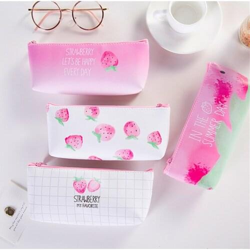 1Pcs/Sell) Strawberry PU Leather Cactus Lovely Pencils Case Cosmetic School Supplies Bts Stationery Gift Estuches Pencil Bags