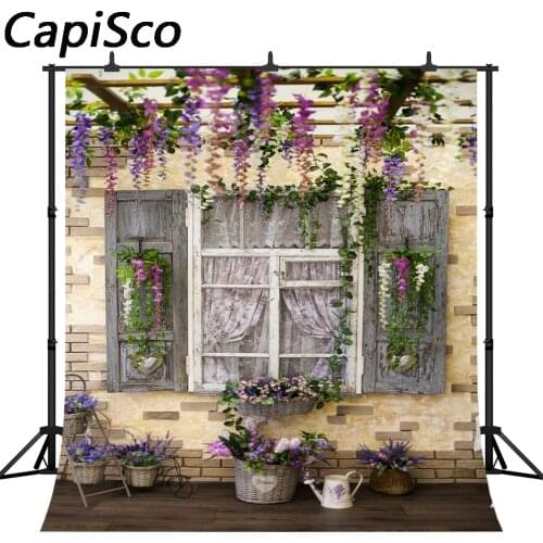 Capisco photography backdrops spring courtyard wistaria flowers wood pergola decorated retro window photo background photocall