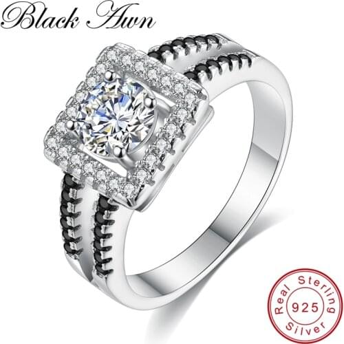 [BLACK AWN] Genuine 925 Sterling Silver Jewelry Square Engagement Rings for Women Black Spinel Femme Ring Bijoux Bague C215