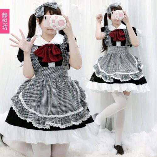 Halloween Costume Lolita Full Set Maid Costume Japanese Chef Daily Black and White Plaid Maid Lolita Dress goth lolita