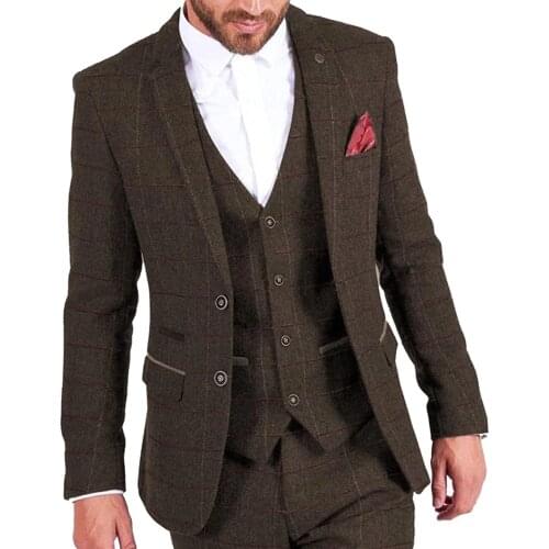 Winter Tweed Wool Brown Herringbone Regular Men Suits Slim Fit Blazers Formal 3 Pieces Check Jacket&Vest&Pants Wedding Tuxedos