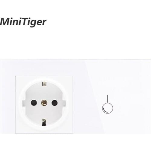 Minitiger EU standard Wall Power 16A Socket And 1 Gang 1 Way Wall Light Touch Switch White Crystal Glass Panel Light Wall Switch