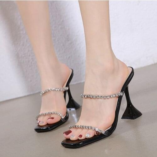 2021 New elegant women rhinestone slippers sandals crystal heels sexy square toe diamond ladies dress party shoes size 42