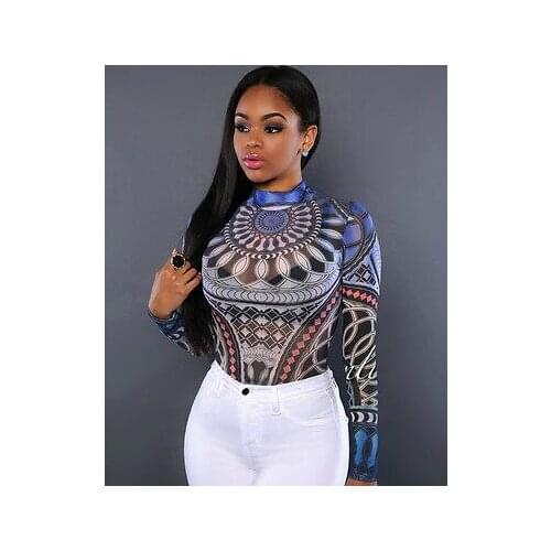 New Women Long Sleeve Sexy Bodysuit Sheer See Through Geo Pattern Jumpsuit