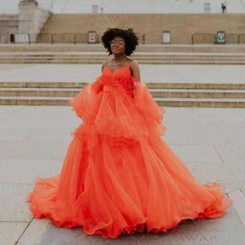 Photography Puffy Formal Dresses For Photo Shoot Orange Off Shoulder Party Dress Tiered Puffy Tulle Long Formal Dress Custom