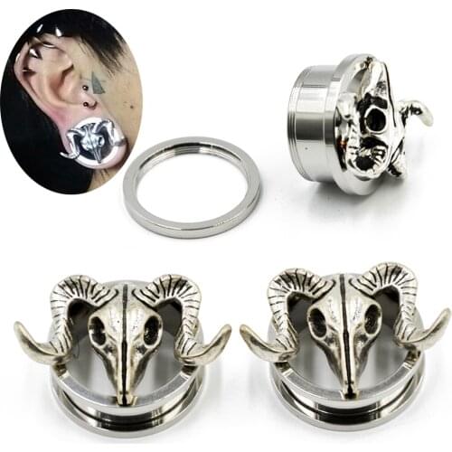 Pair Antique Tribal Sheephead Jemmy Screw Fit external Threaded Ear Flesh Tunnel Ear Expander Body Piercing Jewelry