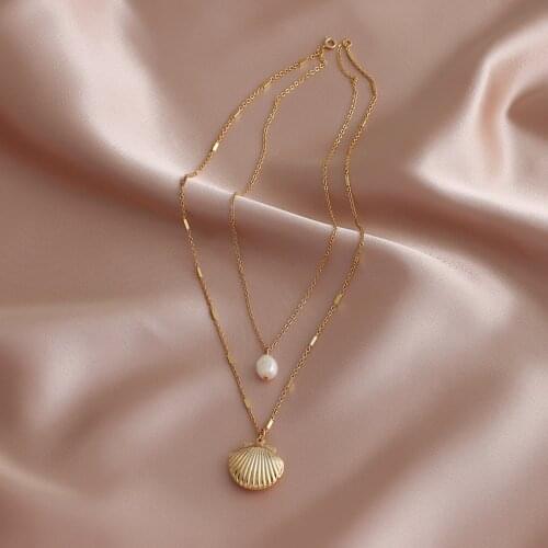 Gojomem Gold Plated Irregular Fresh Water Pearl Shell Shape Lovers Photo Stored Pendant Double Layer Suit for Women Necklaces