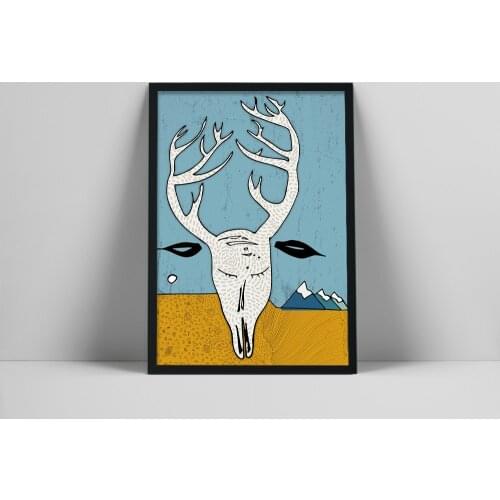 Deer Antler Prints, Abstract Deer Head, Yellow Blue Abstract Artwork, Deer Antler Portrait, Modern collage, Contemporary poster