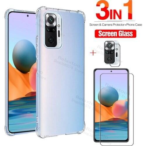 Transparent TPU Silicone Case For Xiaomi Redmi Note 10 Pro 2021 Tempered Glass on for redmi note 10 pro Camera Protection Film