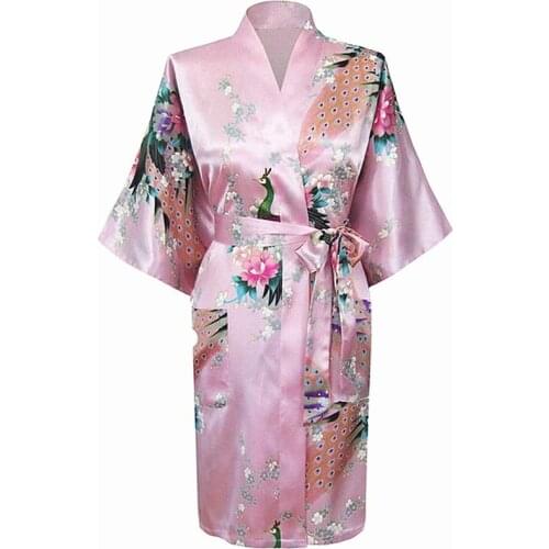 Pink Fashion Womens Peacock Kimono Bath Robe Nightgown Gown Yukata Bathrobe Sleepwear With Belt S M L XL XXL XXXL KQ-2
