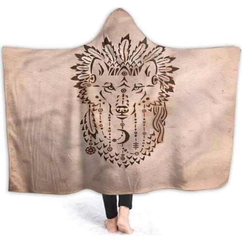 Hooded Blanket for Kids Wolf Sherpa Wearable Blanket Animal in Bonnet Blanket for Office Cape Snuggle 60"x50"