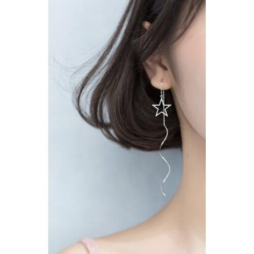 WOMENS Authentic Real 100% 925 Silver STERLING FINE Jewelry Open Star Threader Earrings Long gtle2431