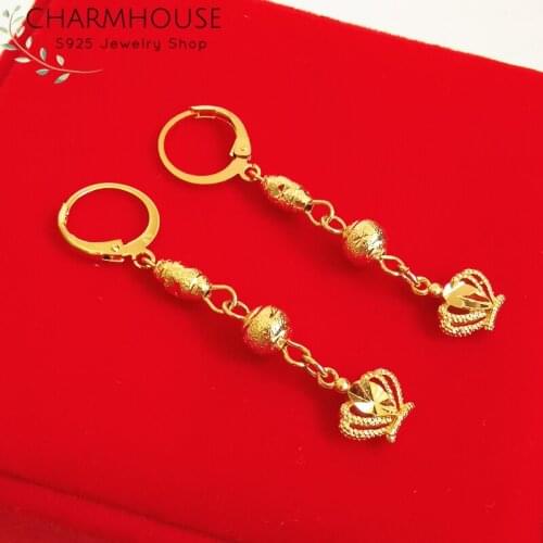 24K Gold Filled Earrings For Women Crown Long Tassel Earing African Gold Jewelry Accesories Pendiente Mujer Brincos Femme